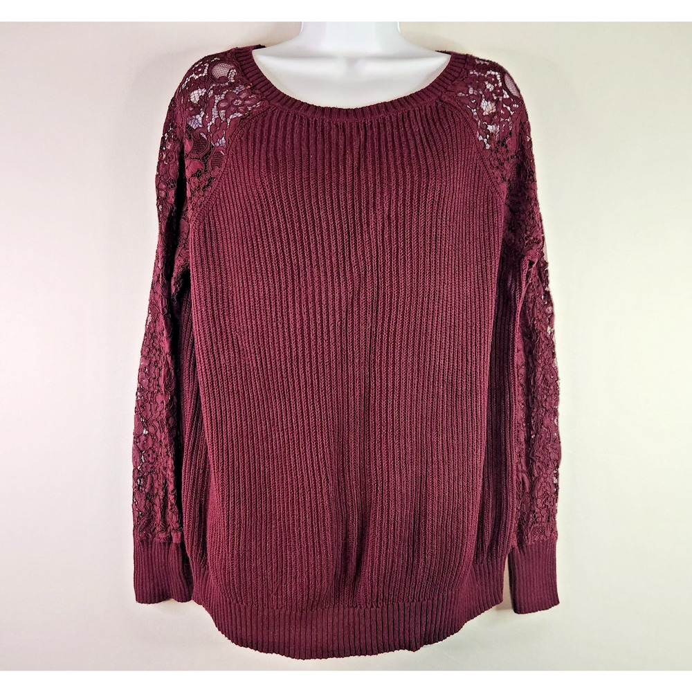 Truly Poppy Scoop Neck Dark Red Sheer Lace Long Sleeve Sweater Women's L